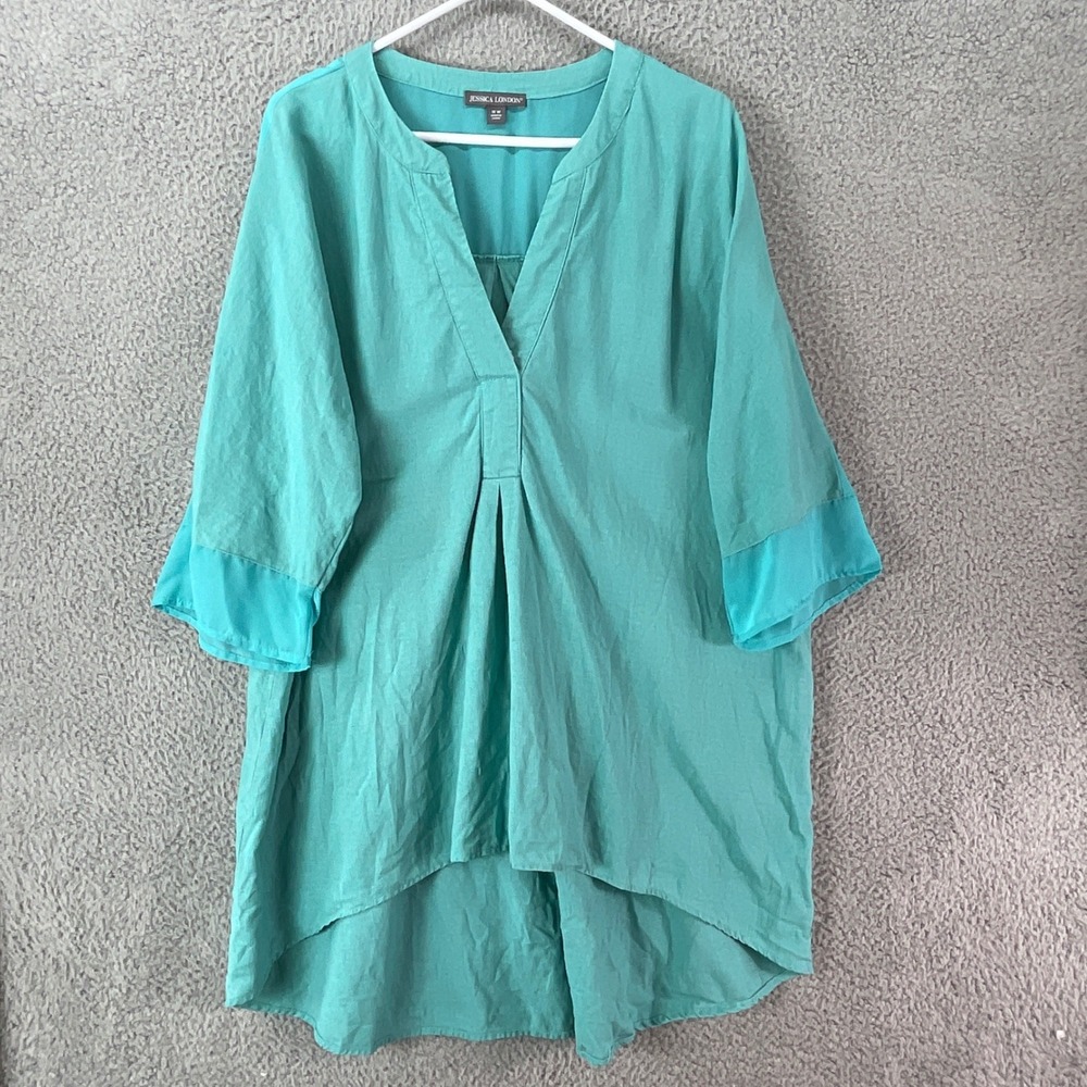 Jessica London Linen Blend Tunic Women 18W Teal Green Excellent Sheer Trim Top